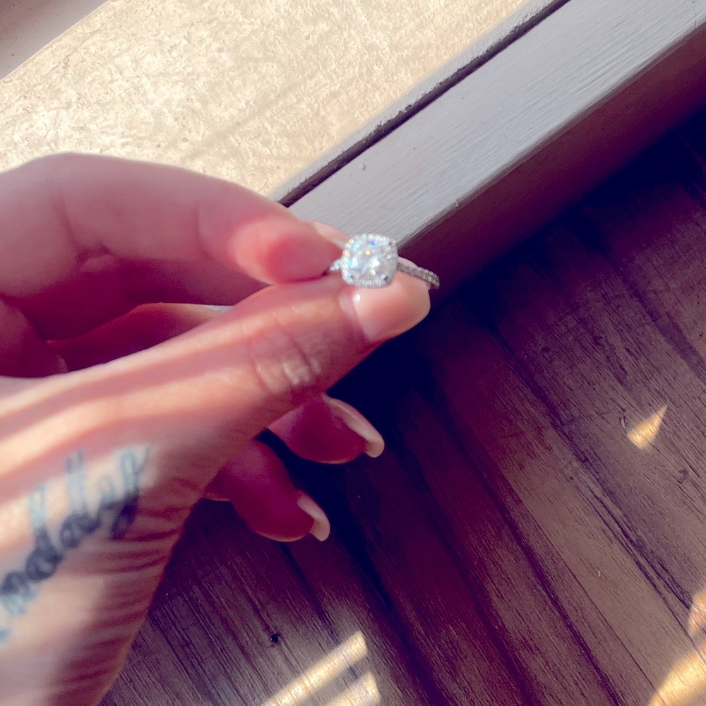 1.1 ct cushion cut halo moissanite 10k white gold engagement ring size 3.5